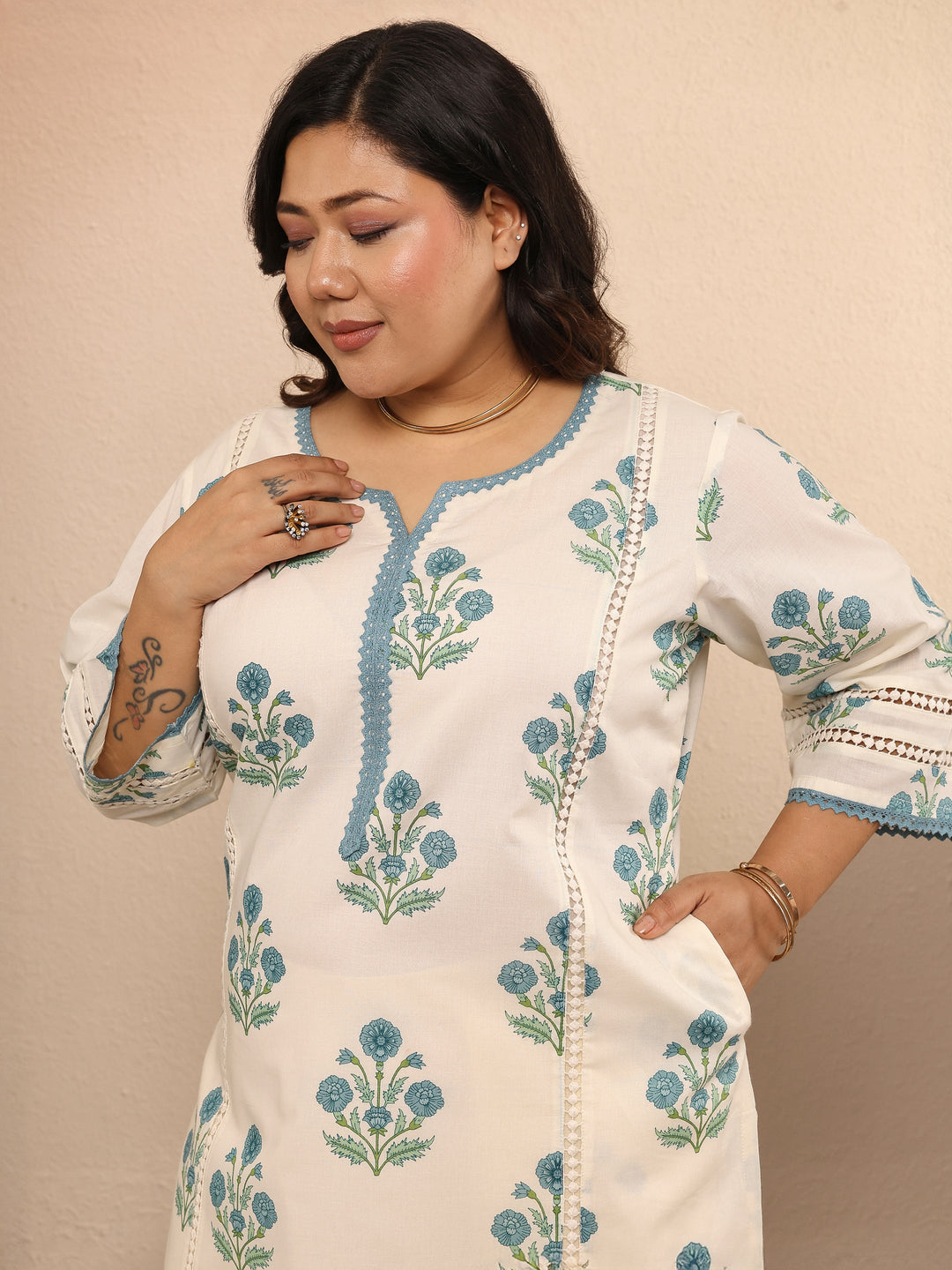 Plus Size Off White Printed Cotton Straight Kurta
