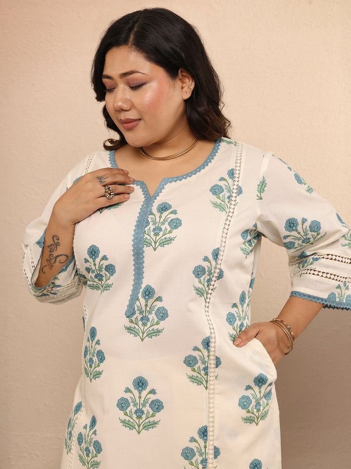 Plus Size Off White Printed Cotton Straight Kurta