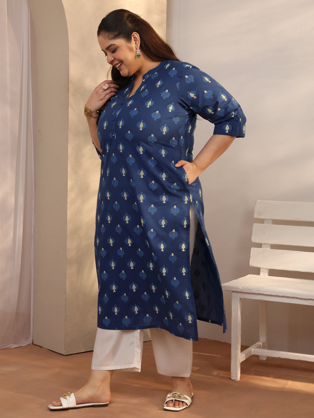 Plus Size Blue Printed Cotton Straight Kurta