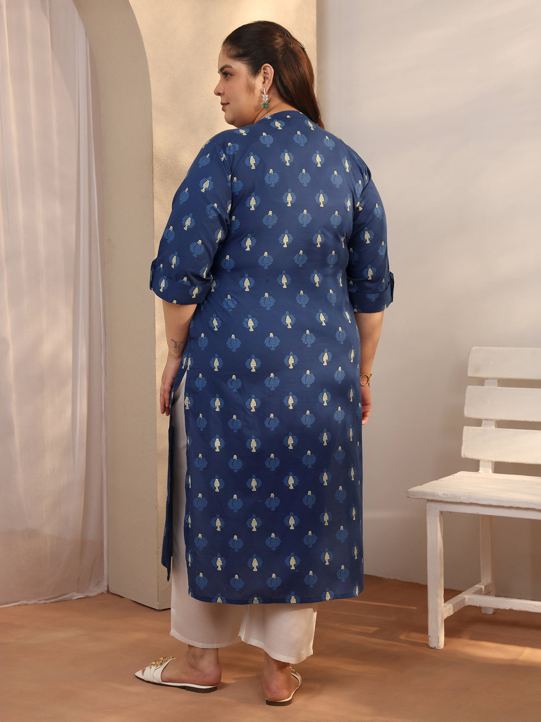 Plus Size Blue Printed Cotton Straight Kurta