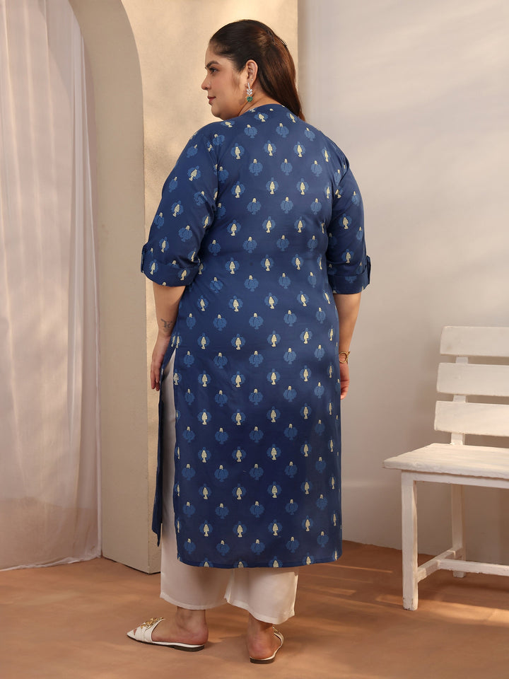 Plus Size Blue Printed Cotton Straight Kurta