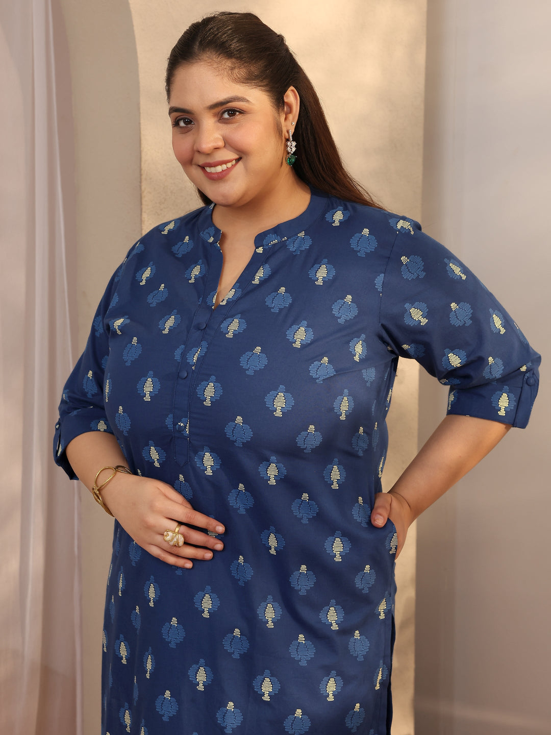 Plus Size Blue Printed Cotton Straight Kurta