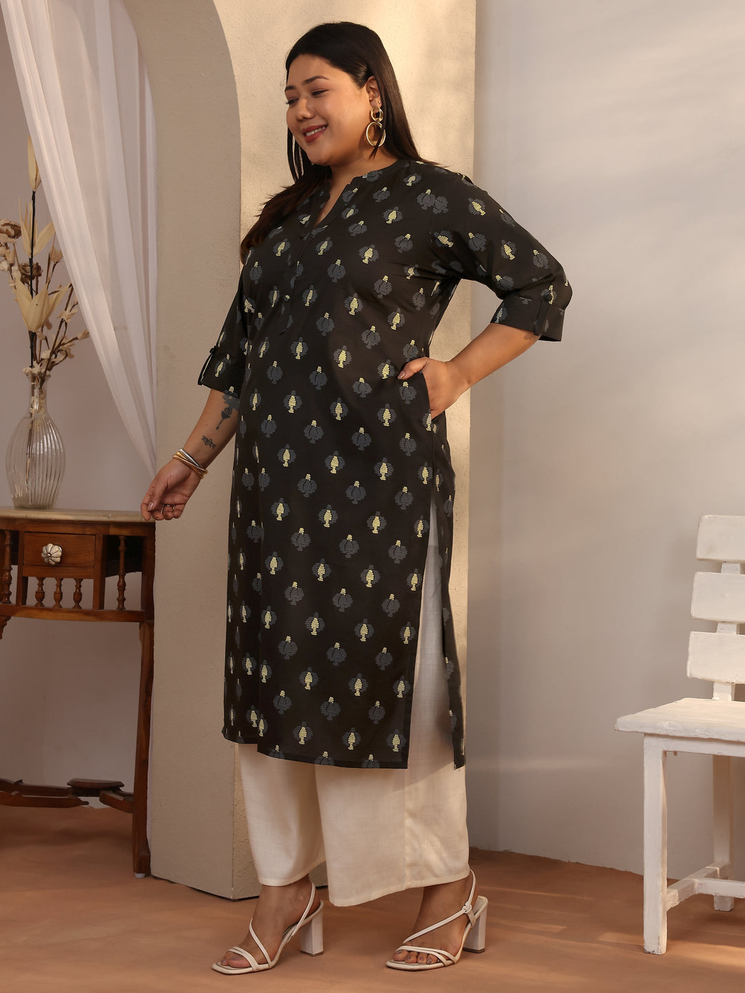 Plus Size Black Printed Cotton Straight Kurta