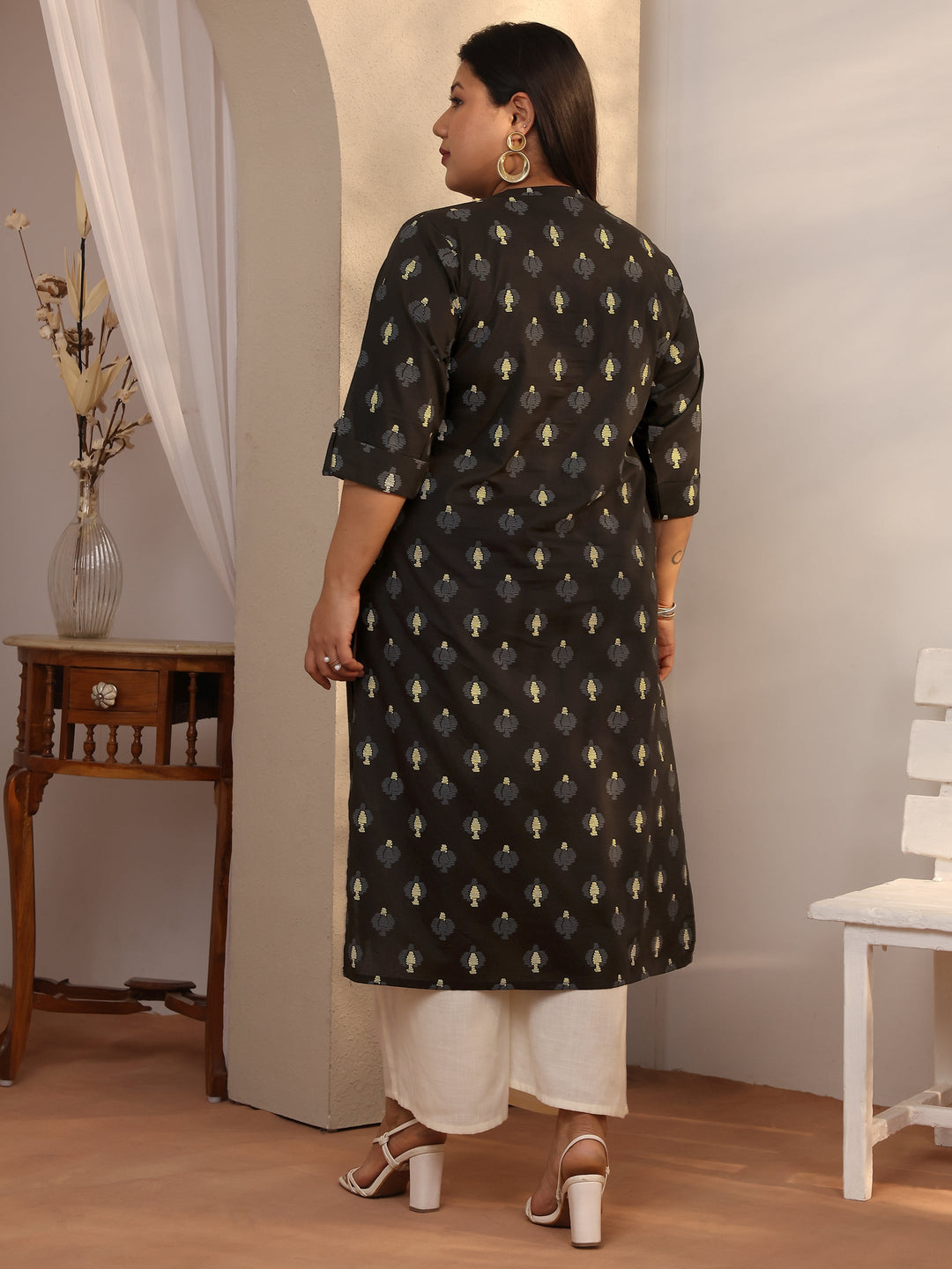 Plus Size Black Printed Cotton Straight Kurta