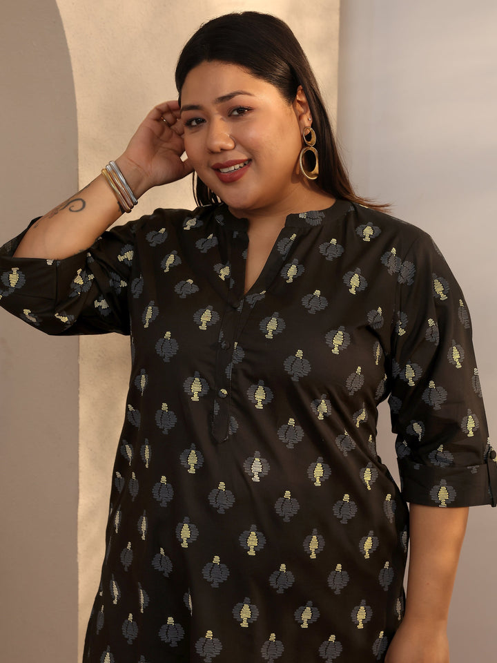 Plus Size Black Printed Cotton Straight Kurta