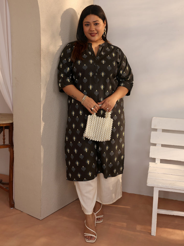 Plus Size Black Printed Cotton Straight Kurta