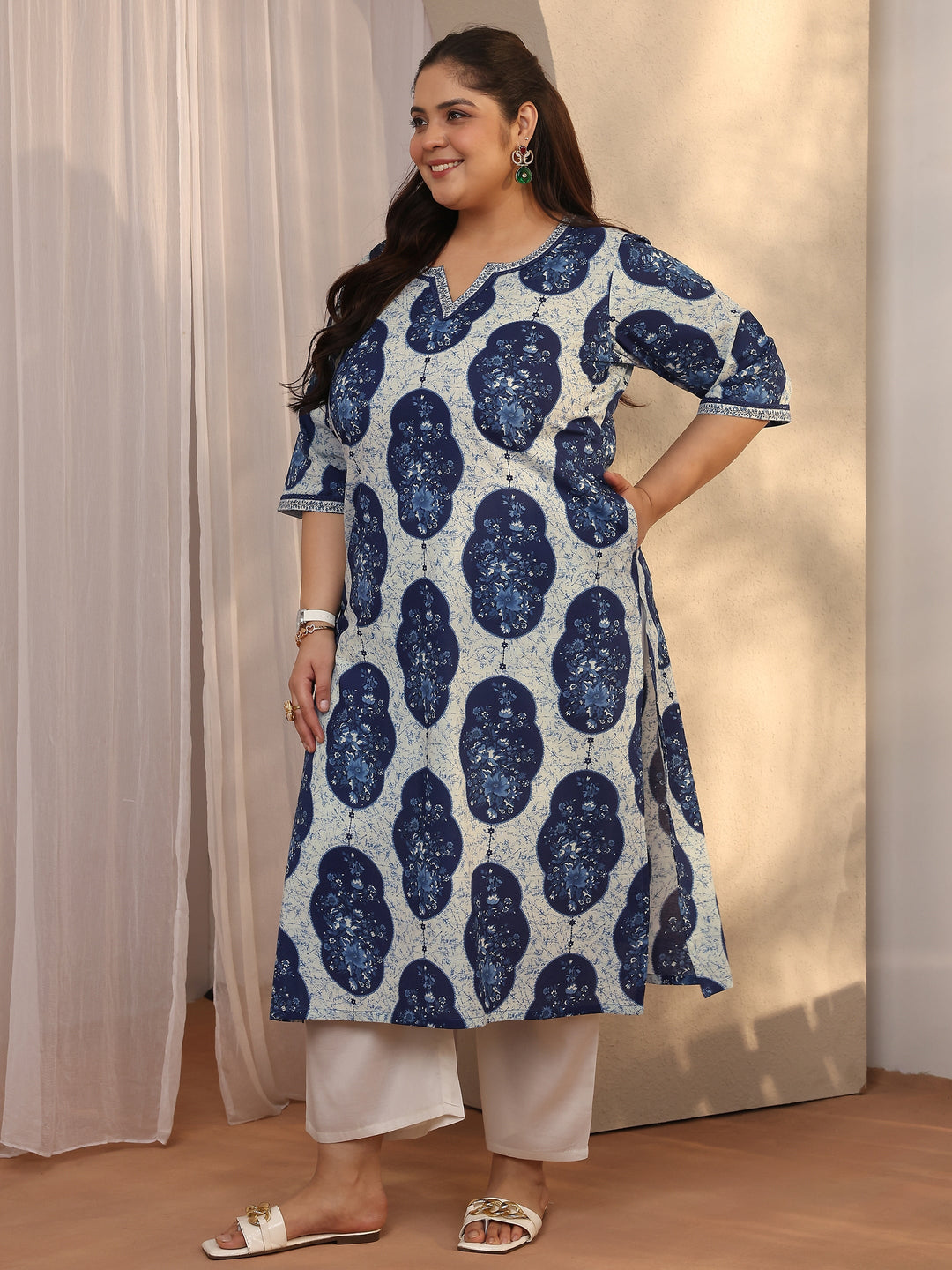 Plus Size Blue Printed Cotton Straight Kurta