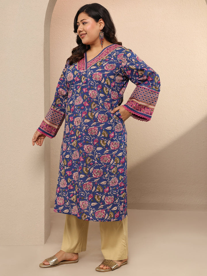 Plus Size Blue Printed Cotton Straight Kurta
