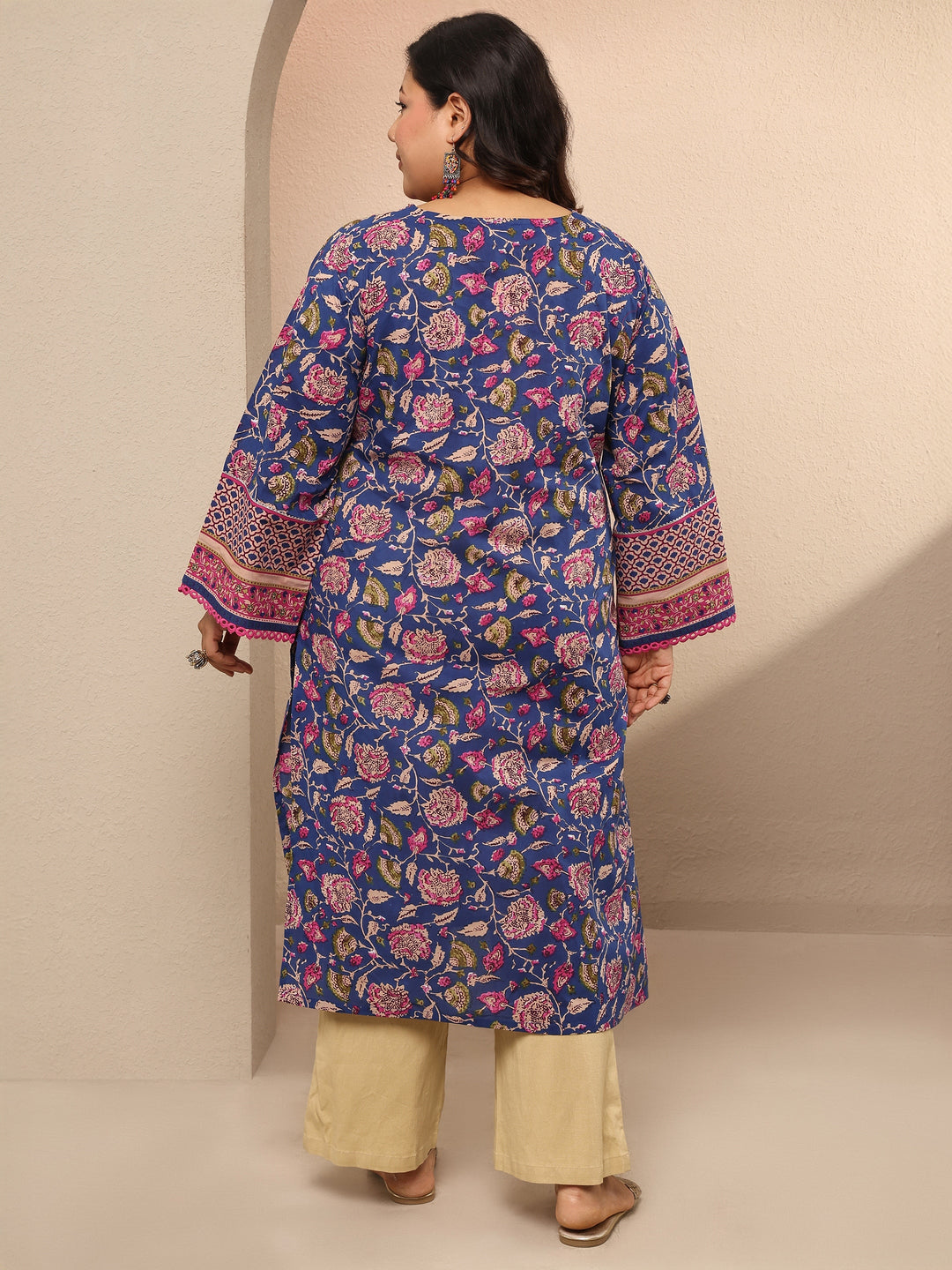 Plus Size Blue Printed Cotton Straight Kurta