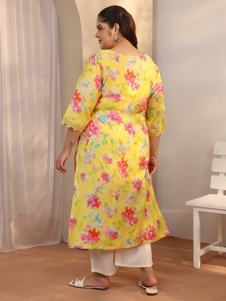 Plus Size Yellow Printed Silk Blend Straight Kurta