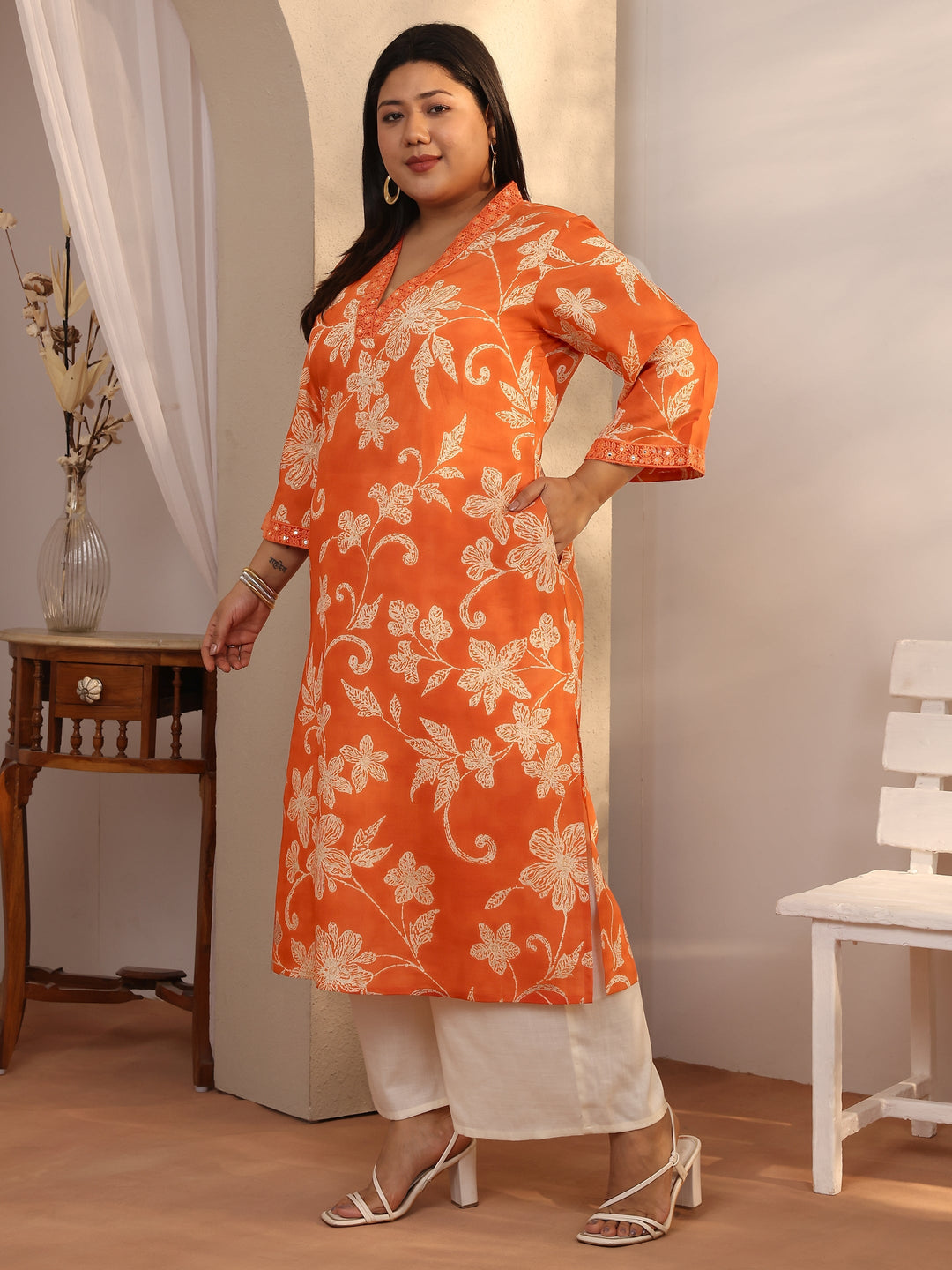 Plus Size Orange Printed Silk Blend Straight Kurta