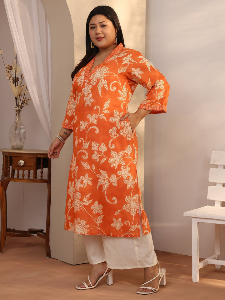 Plus Size Orange Printed Silk Blend Straight Kurta