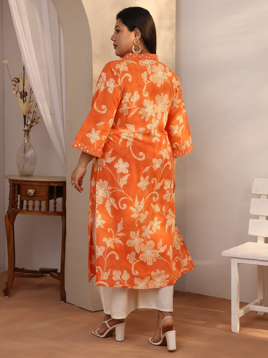 Plus Size Orange Printed Silk Blend Straight Kurta