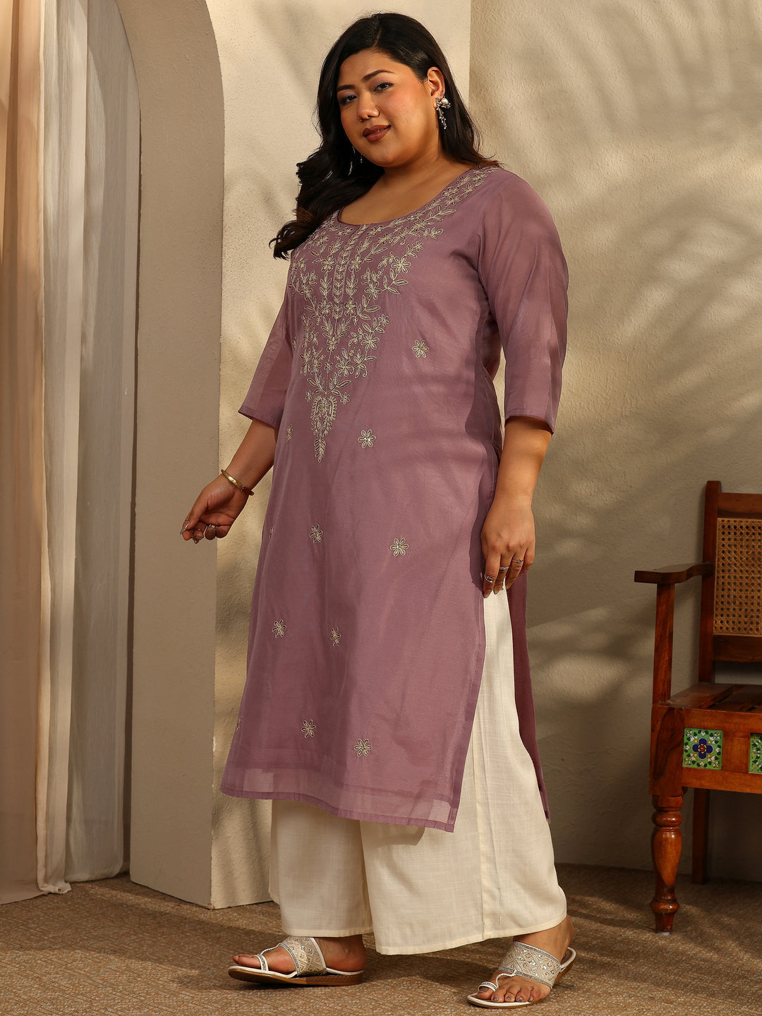 Plus Size Brown Embroidered Chanderi Silk Straight Kurta