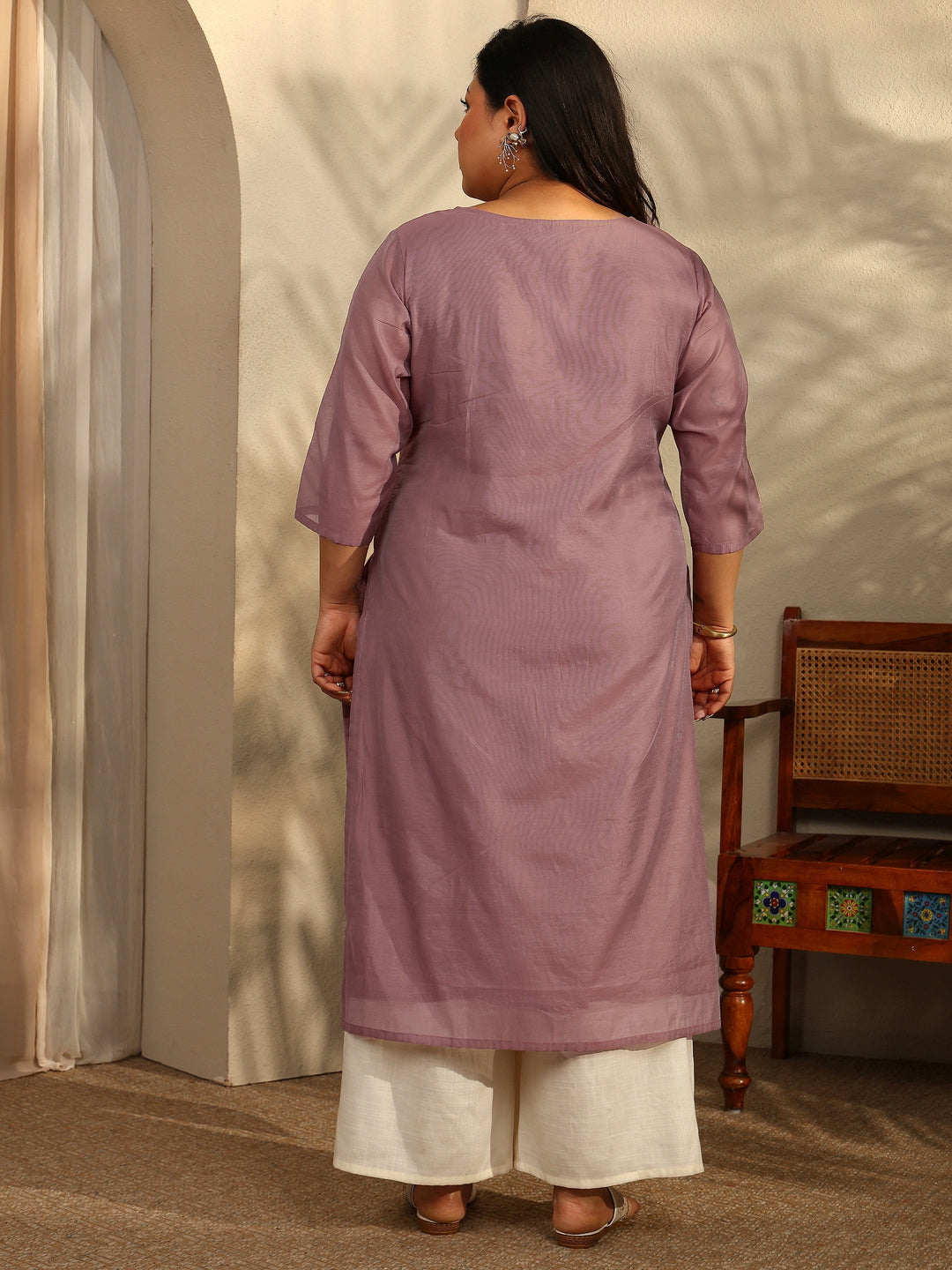 Plus Size Brown Embroidered Chanderi Silk Straight Kurta