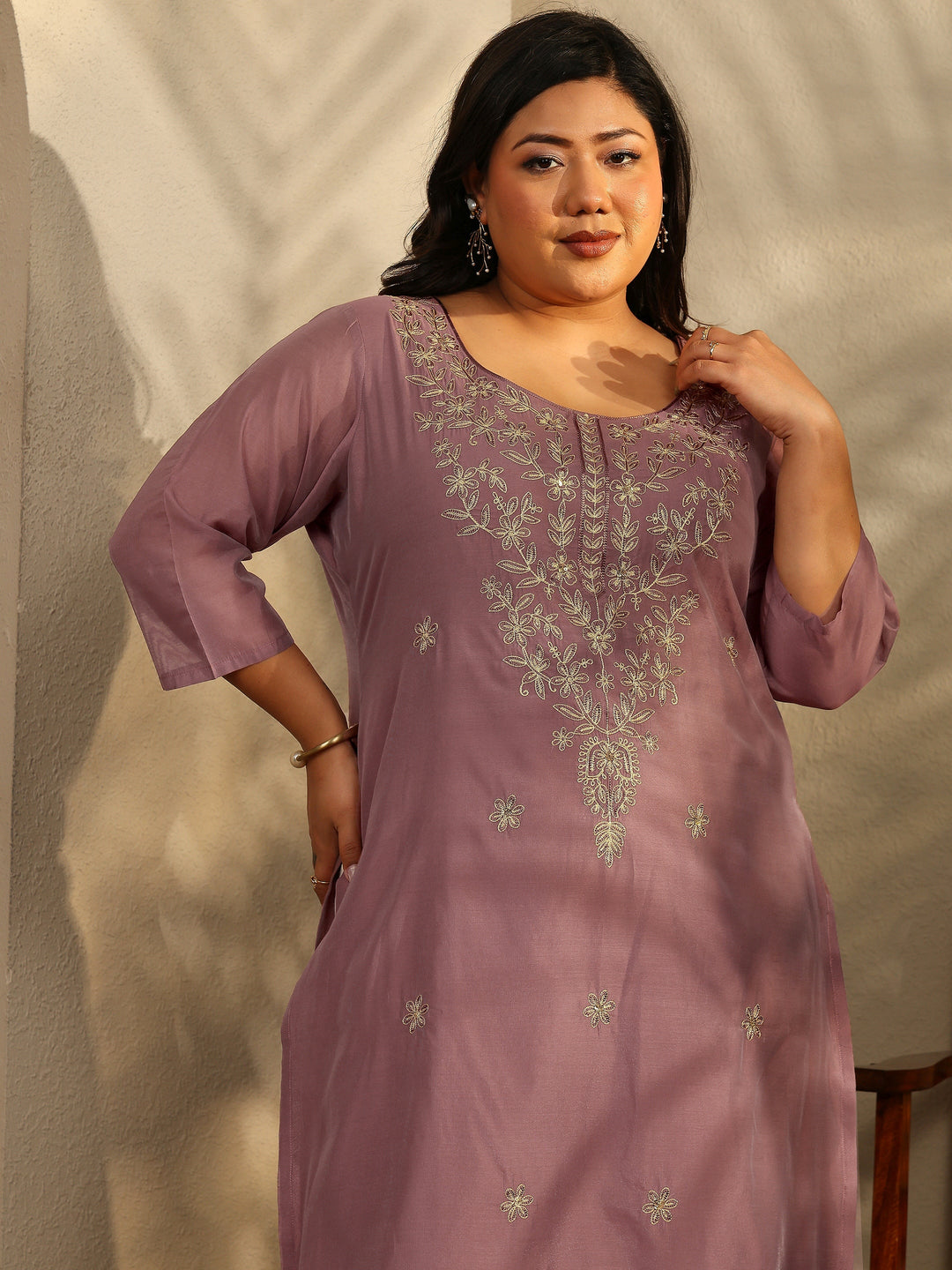 Plus Size Brown Embroidered Chanderi Silk Straight Kurta