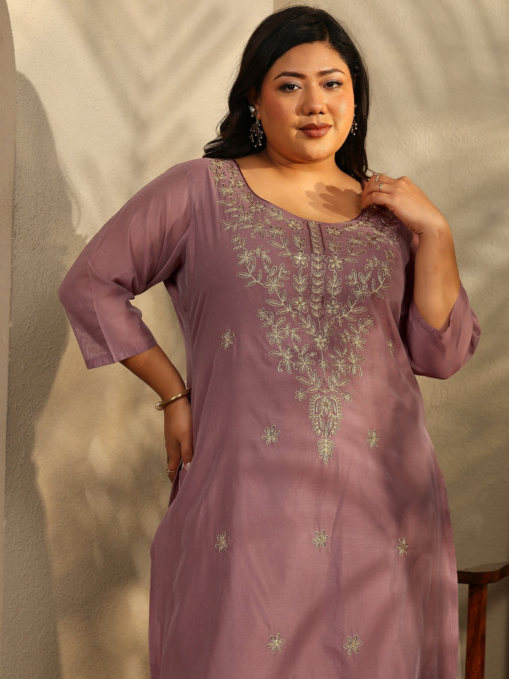Plus Size Brown Embroidered Chanderi Silk Straight Kurta
