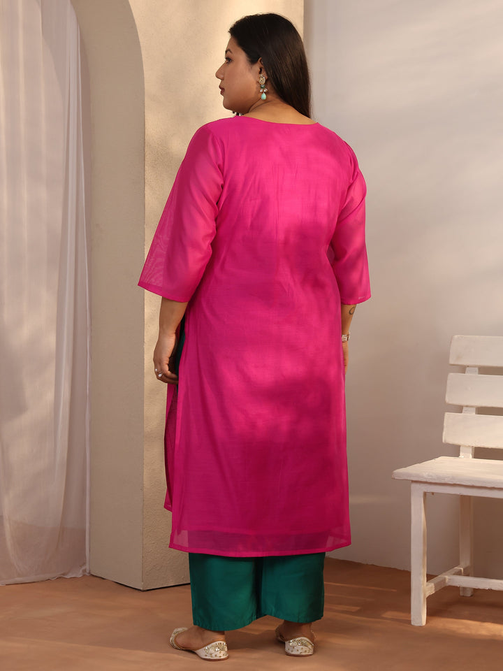 Plus Size Pink Embroidered Chanderi Silk Straight Kurta