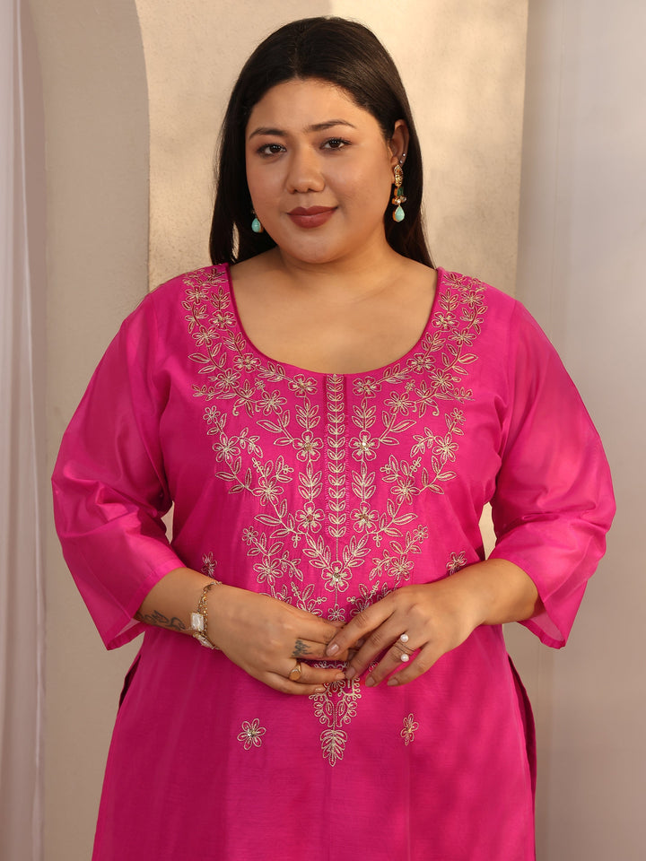 Plus Size Pink Embroidered Chanderi Silk Straight Kurta
