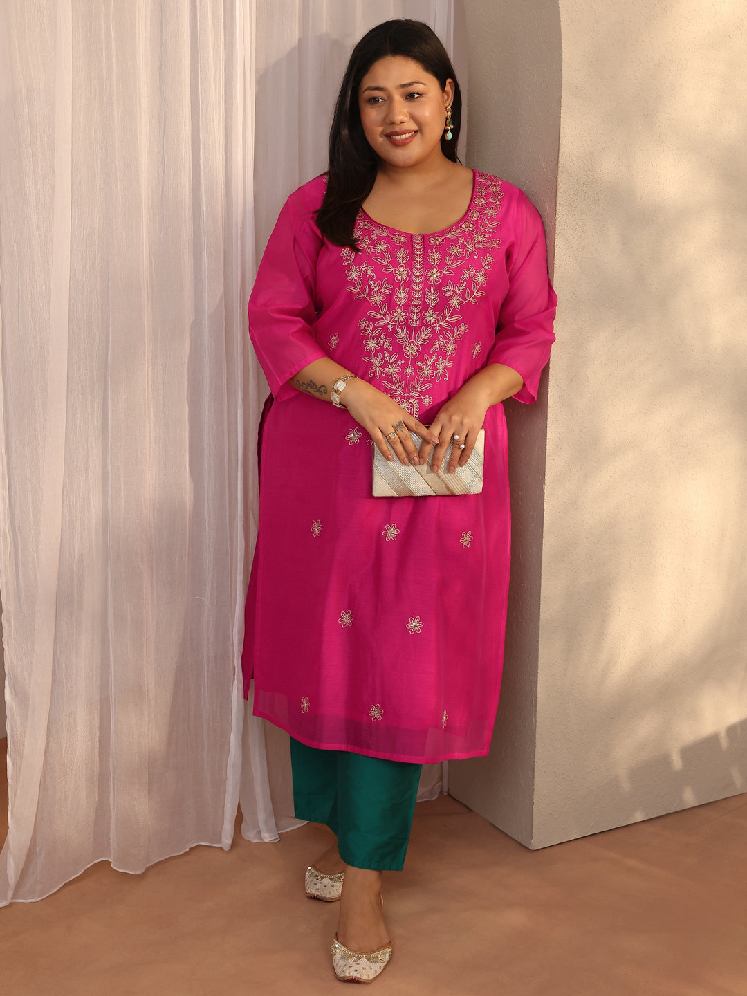 Plus Size Pink Embroidered Chanderi Silk Straight Kurta