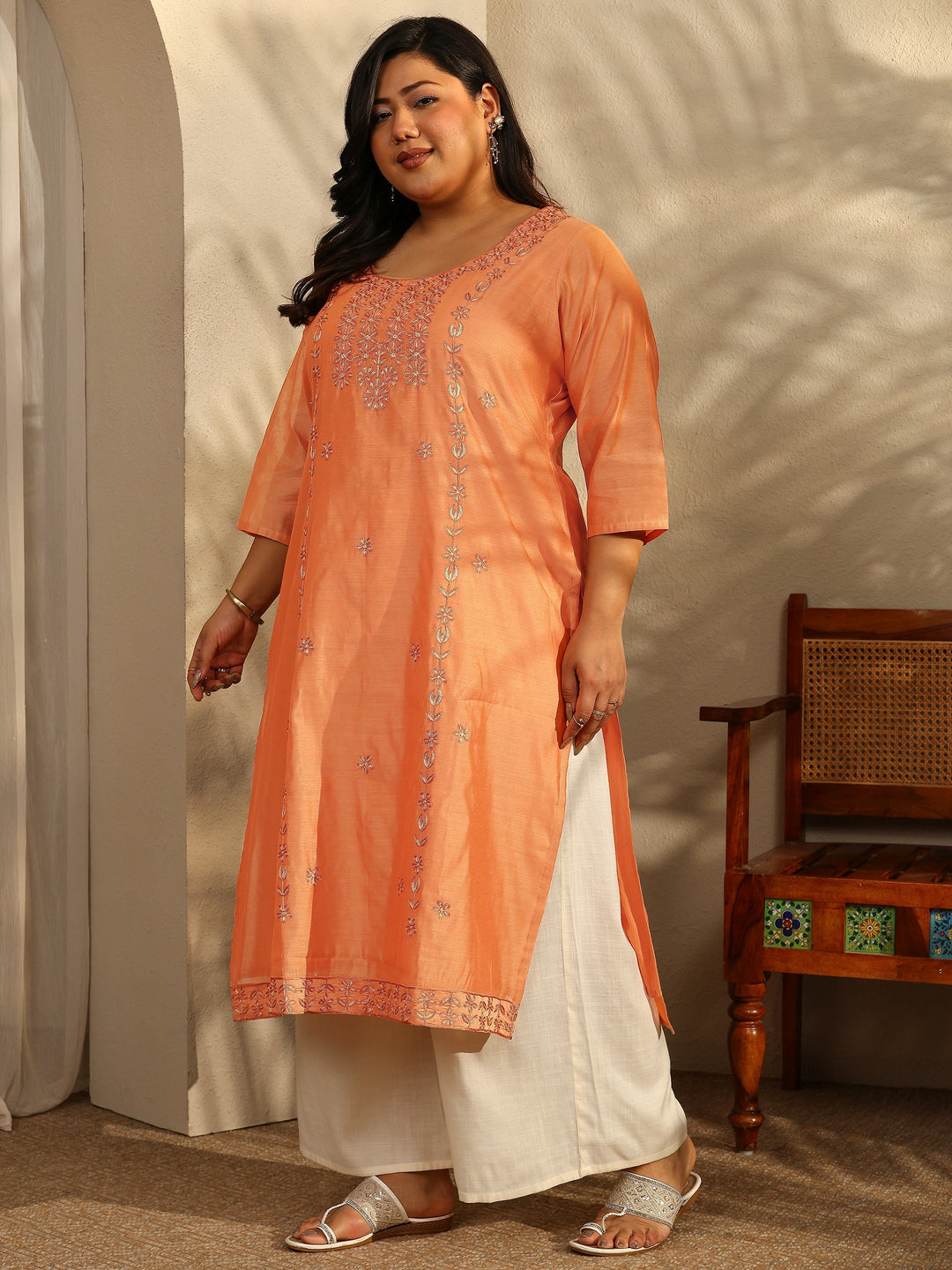 Plus Size Peach Embroidered Chanderi Silk Straight Kurta