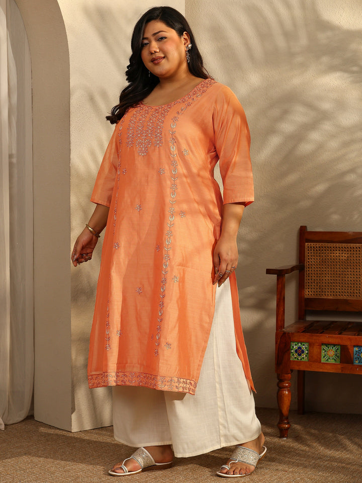 Plus Size Peach Embroidered Chanderi Silk Straight Kurta