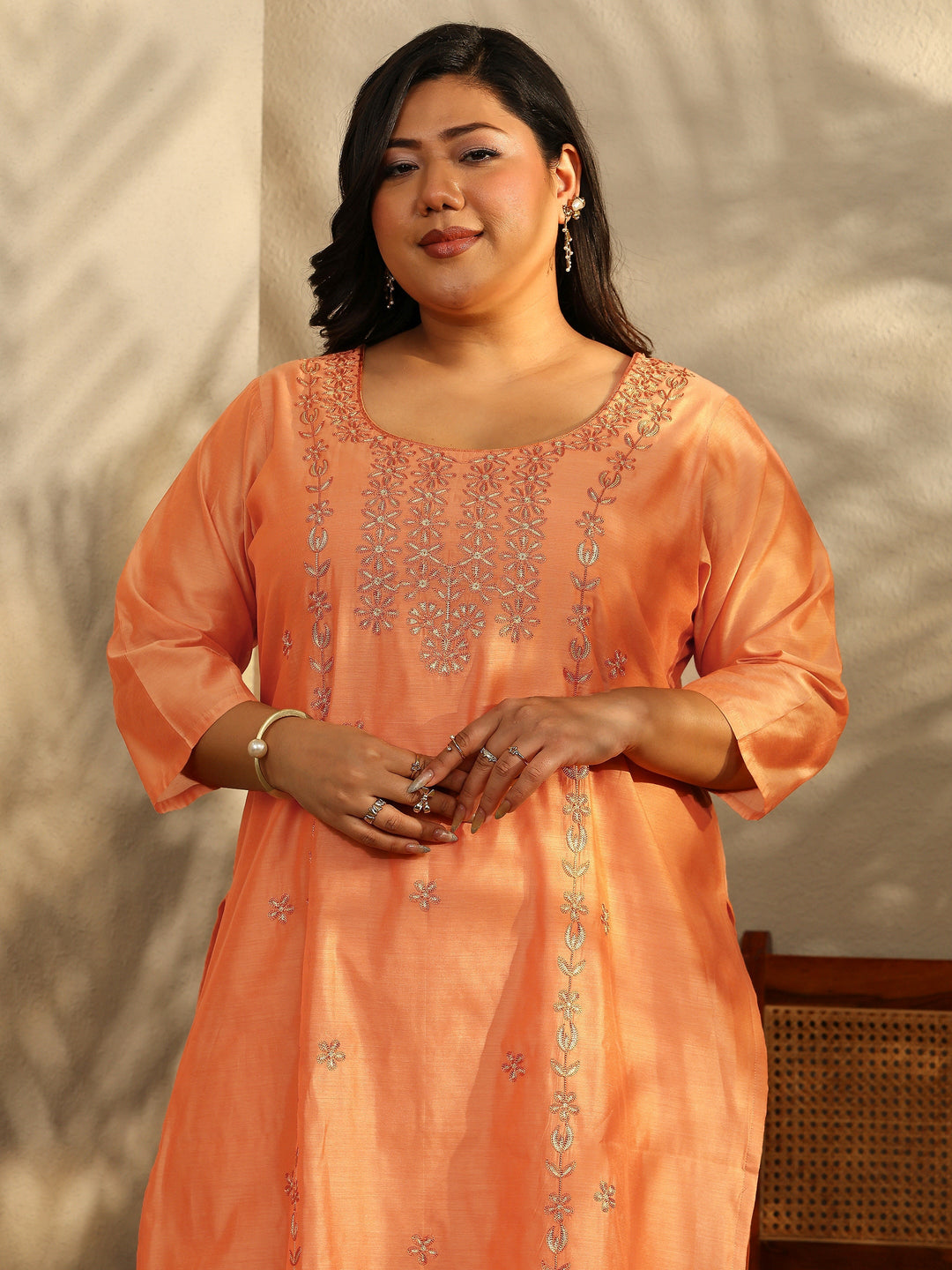 Plus Size Peach Embroidered Chanderi Silk Straight Kurta