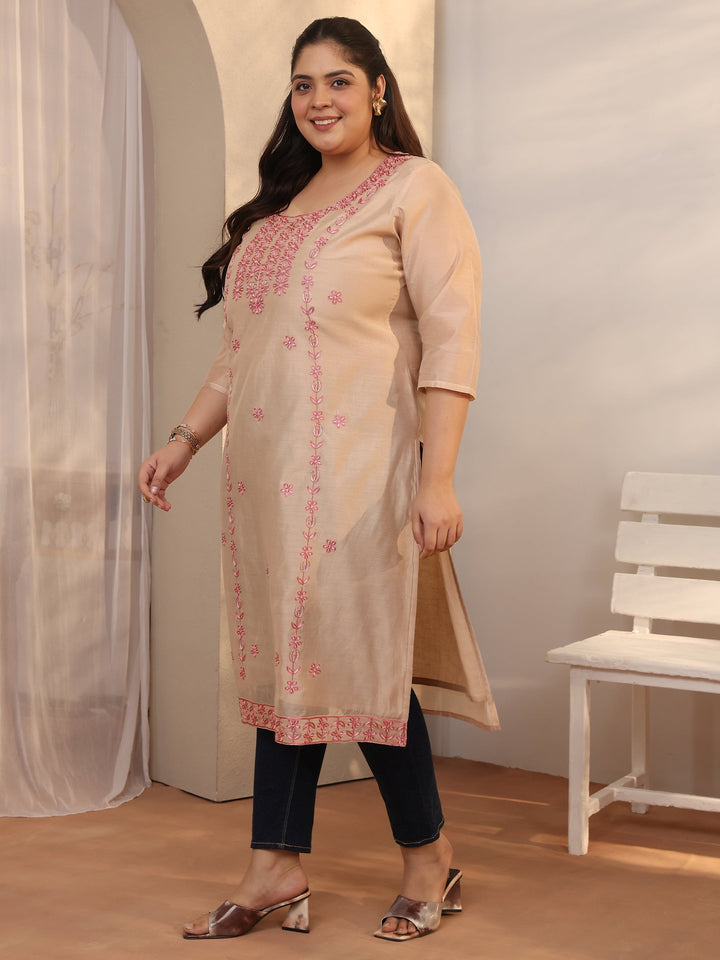 Plus Size Beige Embroidered Chanderi Silk Straight Kurta