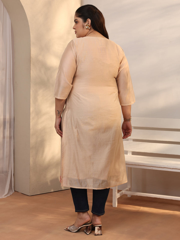 Plus Size Beige Embroidered Chanderi Silk Straight Kurta