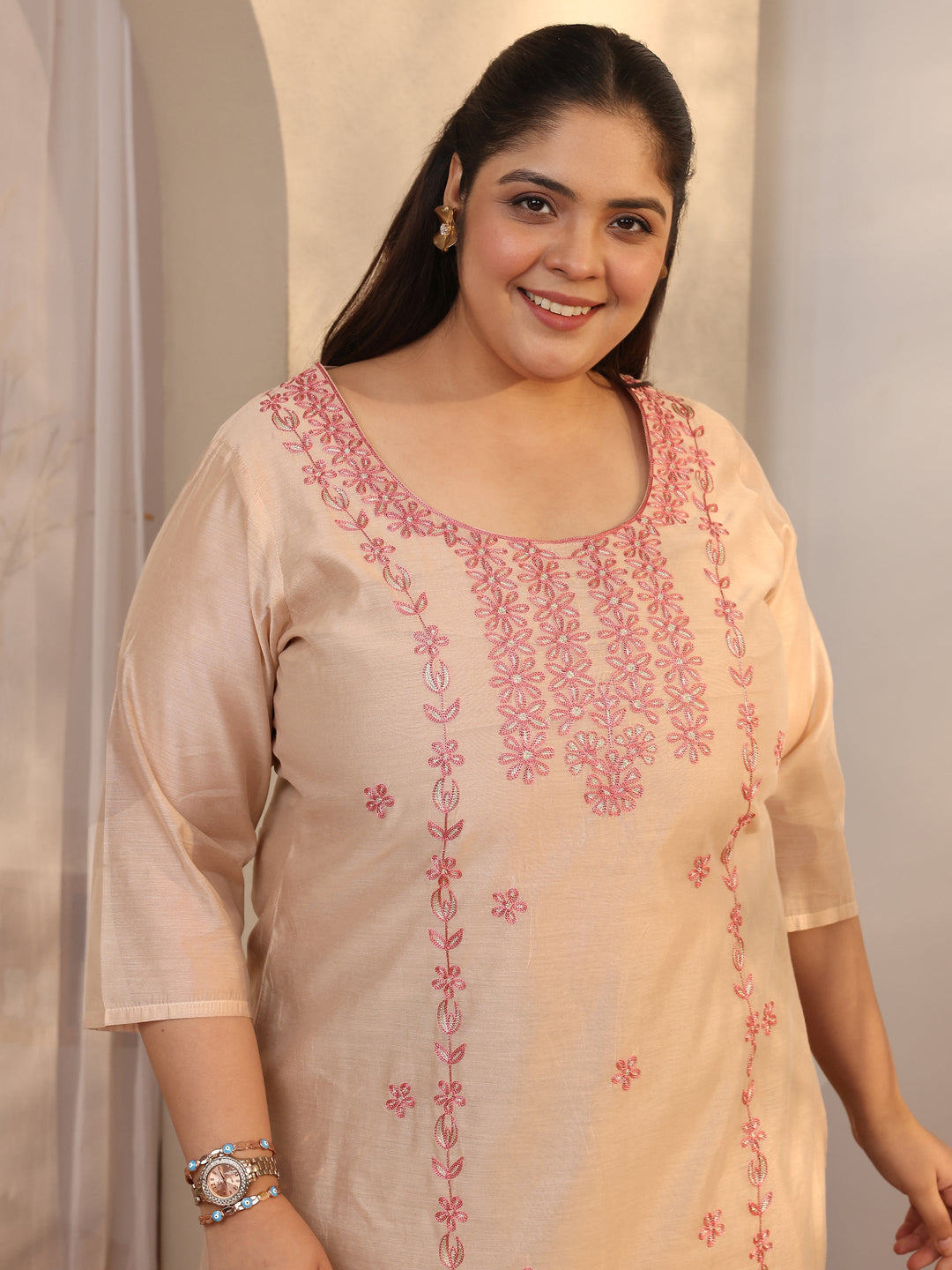 Plus Size Beige Embroidered Chanderi Silk Straight Kurta