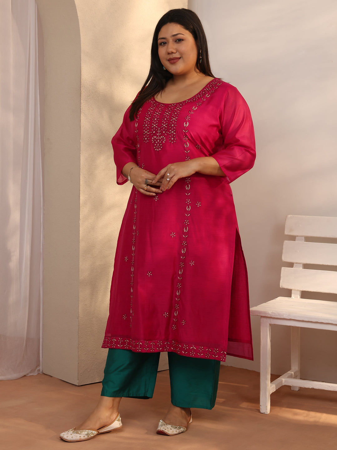 Plus Size Pink Embroidered Chanderi Silk Straight Kurta