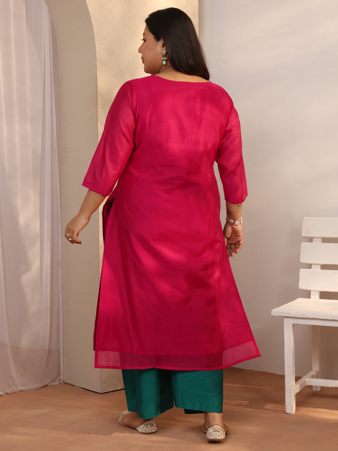 Plus Size Pink Embroidered Chanderi Silk Straight Kurta