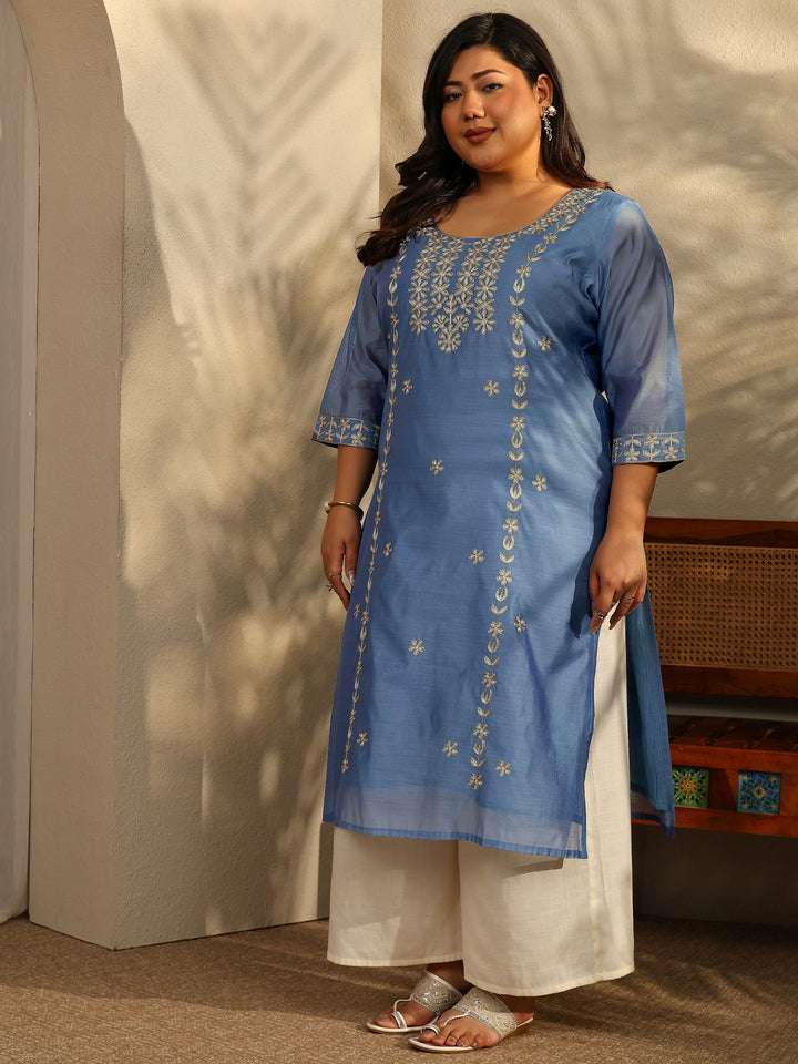Plus Size Blue Embroidered Chanderi Silk Straight Kurta
