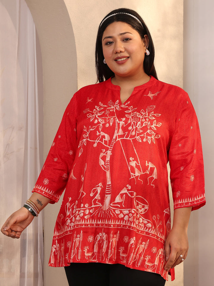 Plus Size Orange Printed Muslin Straight Short Kurti