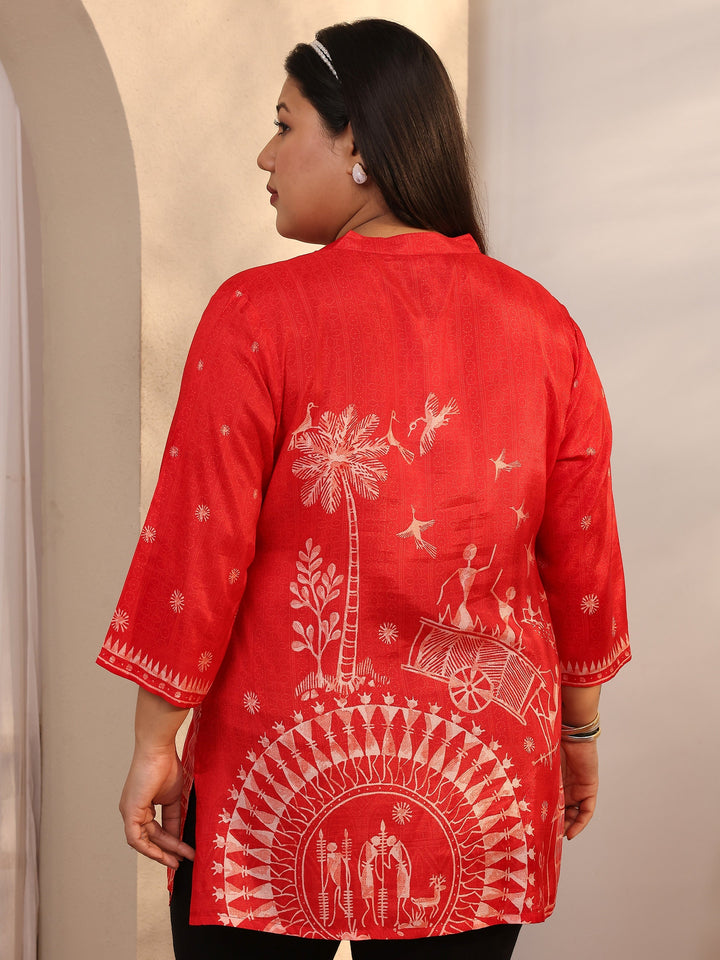 Plus Size Orange Printed Muslin Straight Short Kurti