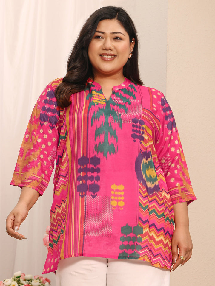 Plus Size Pink Abstract Printed Muslin Straight Short Kurti