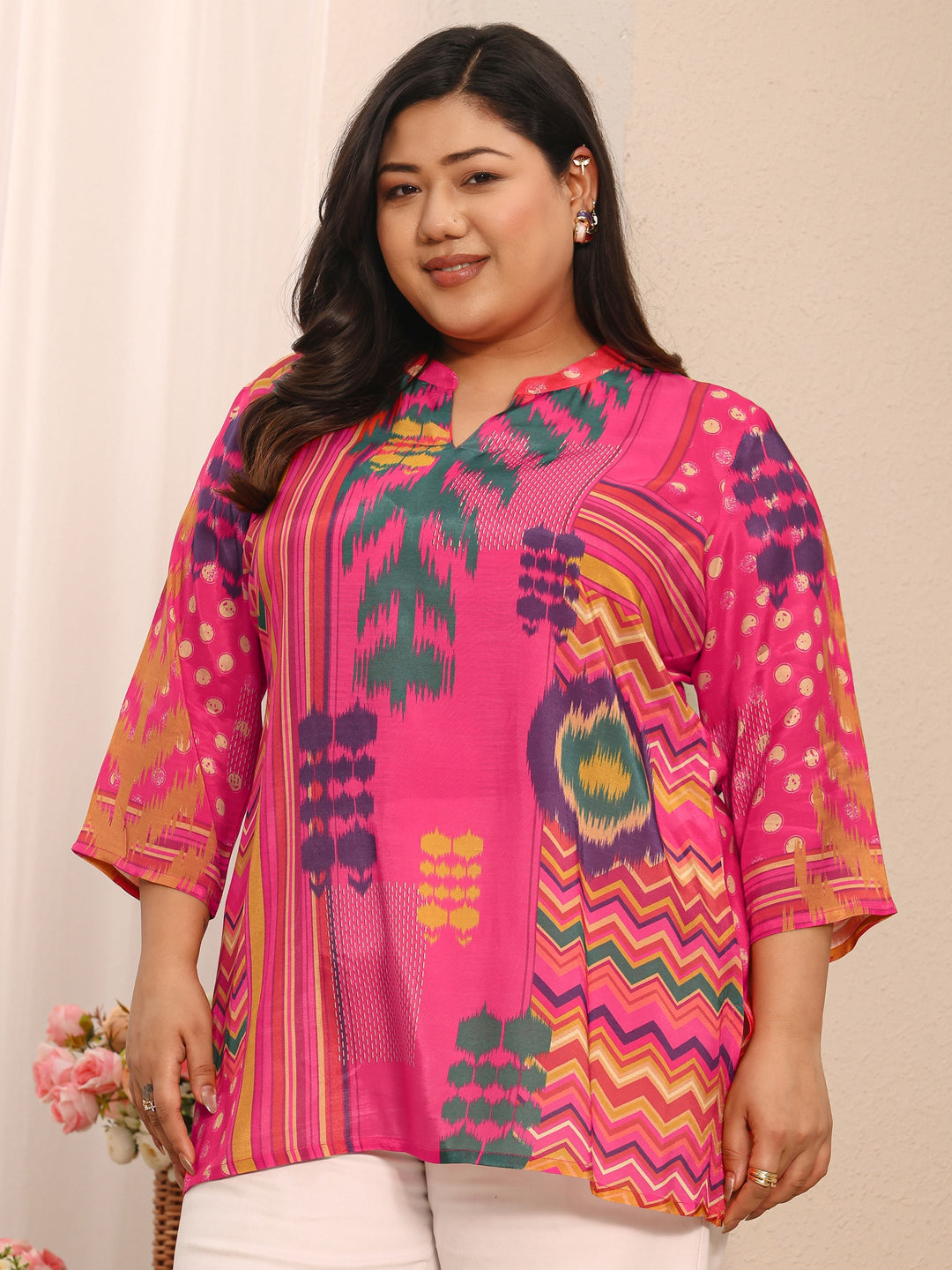 Plus Size Pink Abstract Printed Muslin Straight Short Kurti