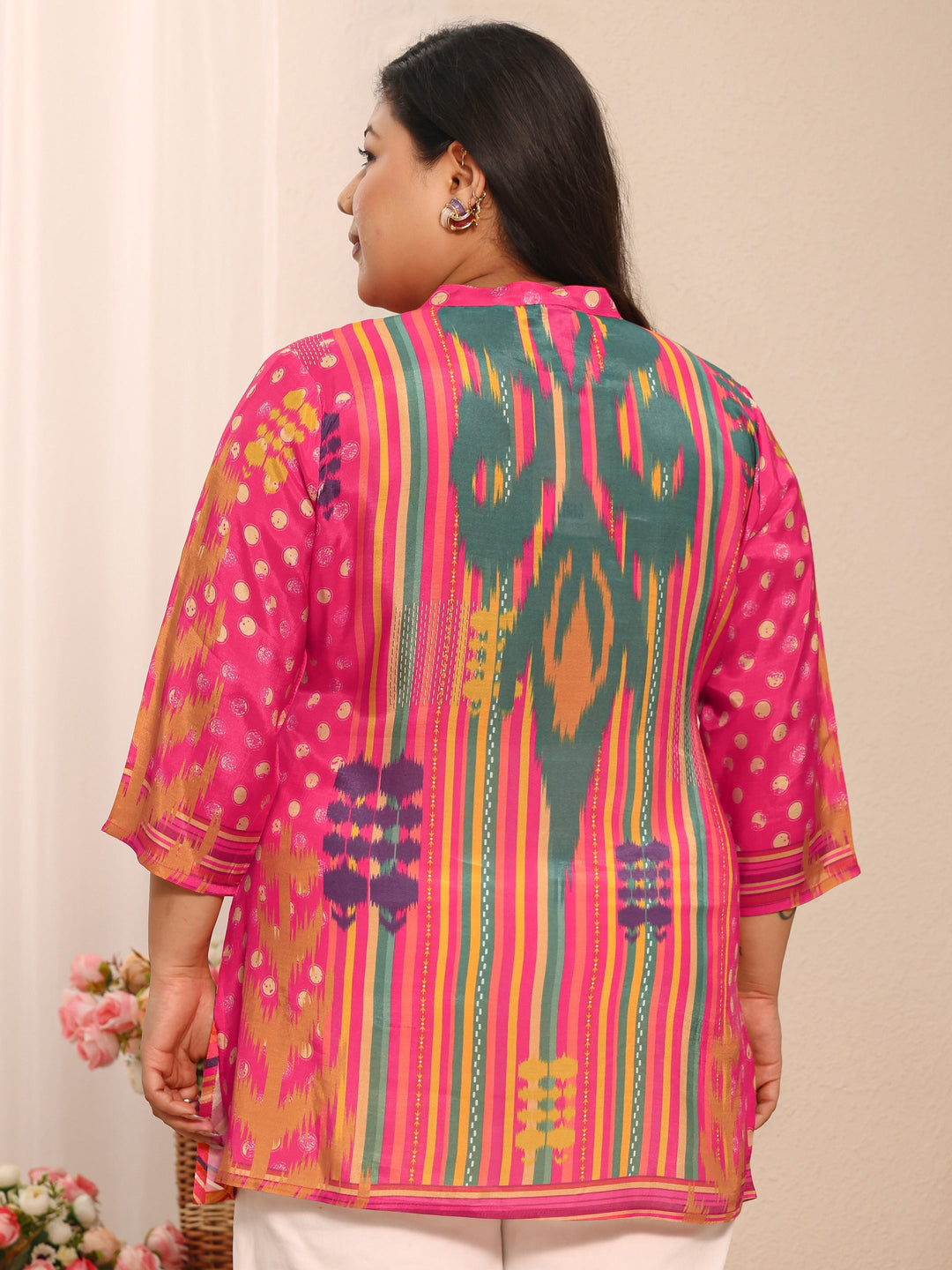 Plus Size Pink Abstract Printed Muslin Straight Short Kurti