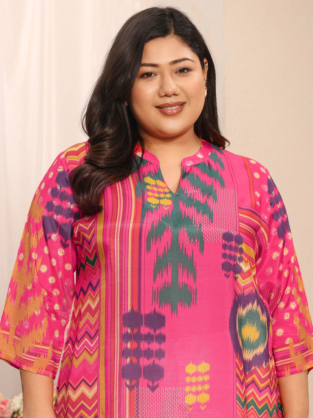 Plus Size Pink Abstract Printed Muslin Straight Short Kurti