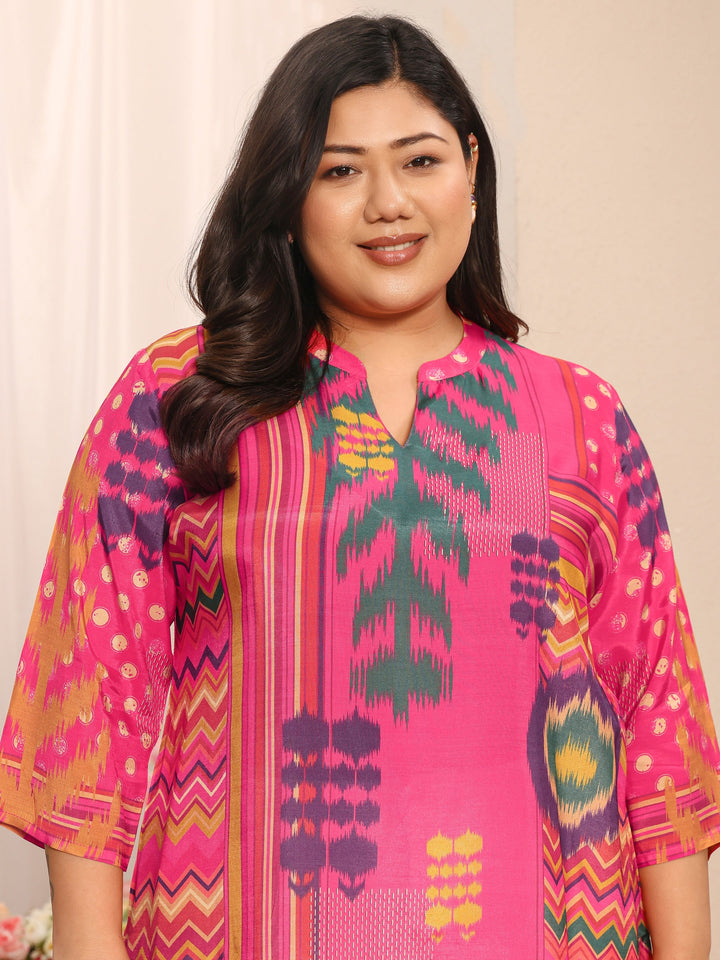 Plus Size Pink Abstract Printed Muslin Straight Short Kurti