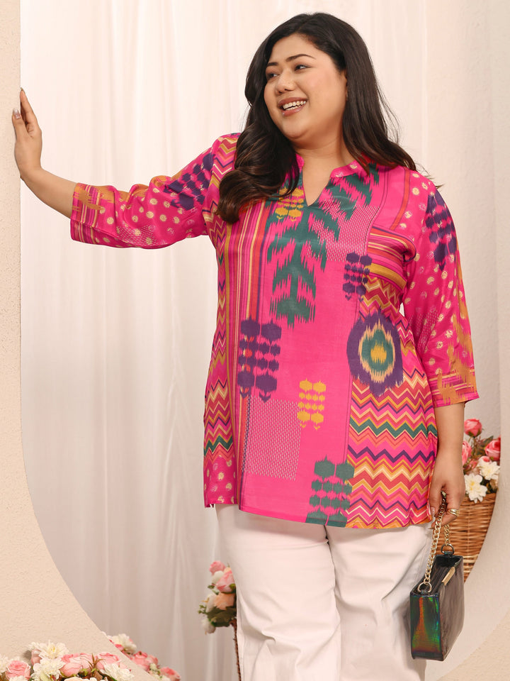 Plus Size Pink Abstract Printed Muslin Straight Short Kurti