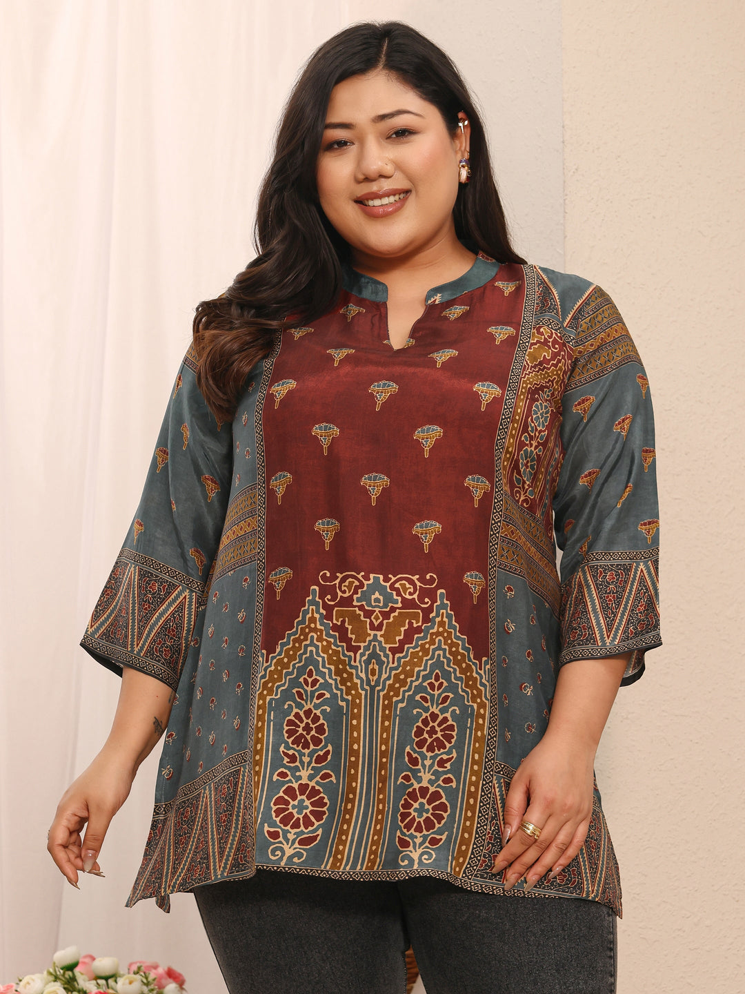 Plus Size Maroon Ethnic Printed Muslin Straight Short Kurti
