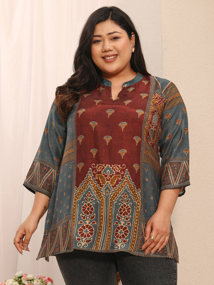Plus Size Maroon Ethnic Printed Muslin Straight Short Kurti