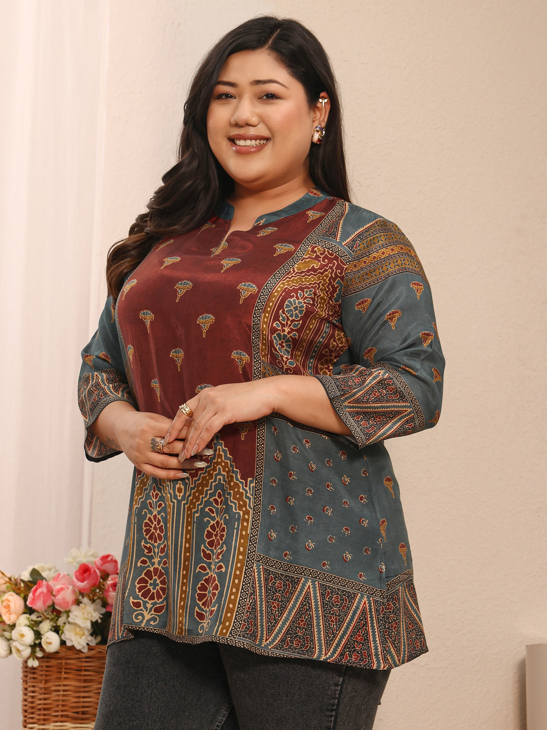 Plus Size Maroon Ethnic Printed Muslin Straight Short Kurti