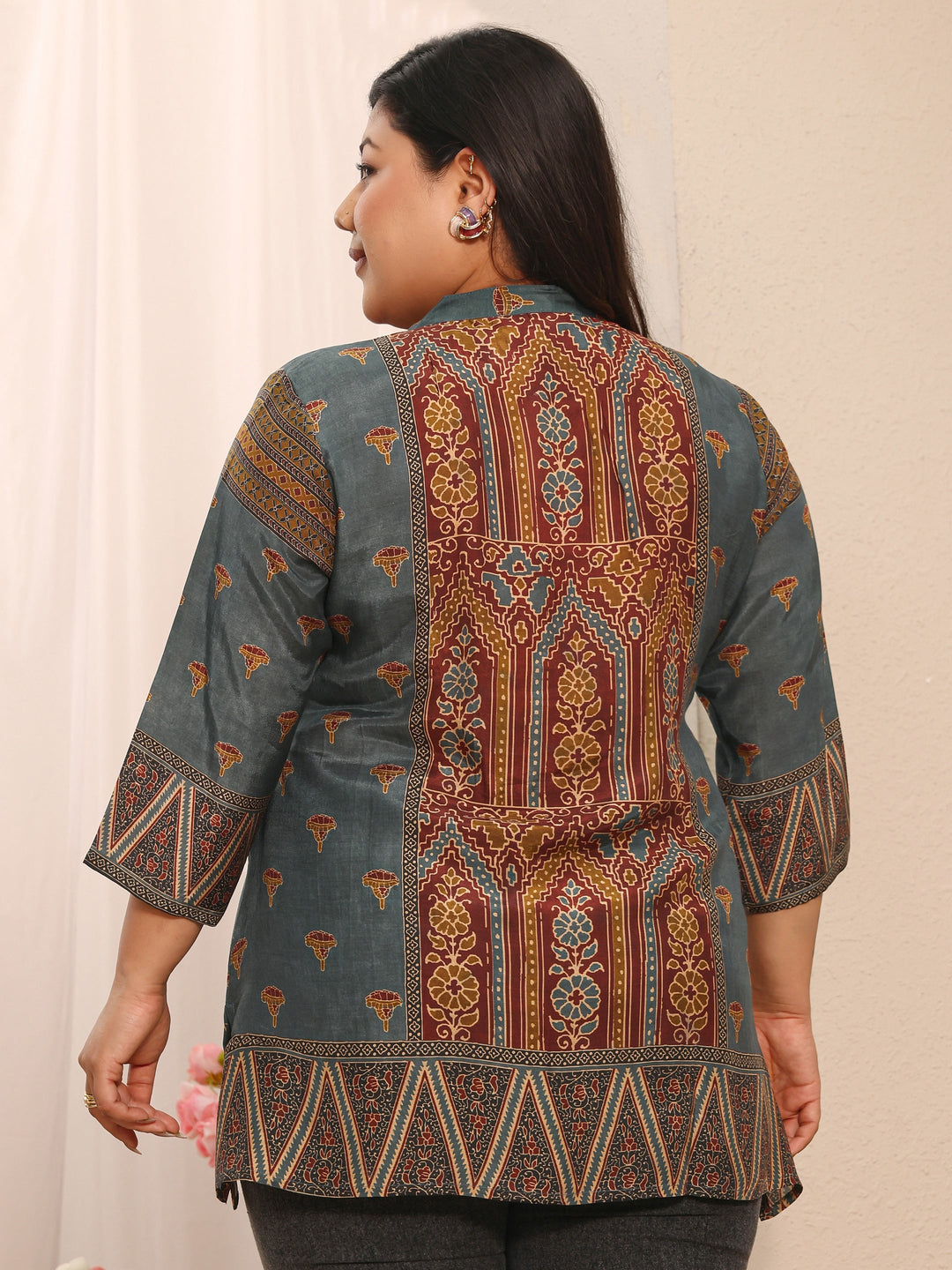 Plus Size Maroon Ethnic Printed Muslin Straight Short Kurti
