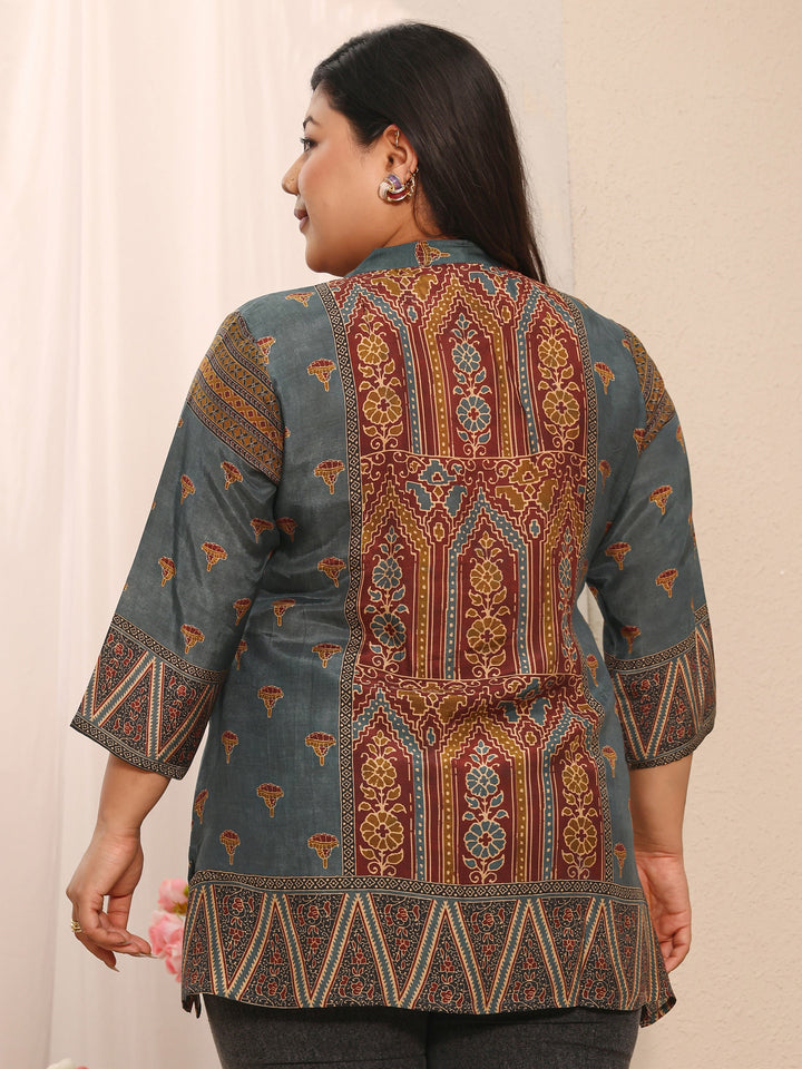 Plus Size Maroon Ethnic Printed Muslin Straight Short Kurti