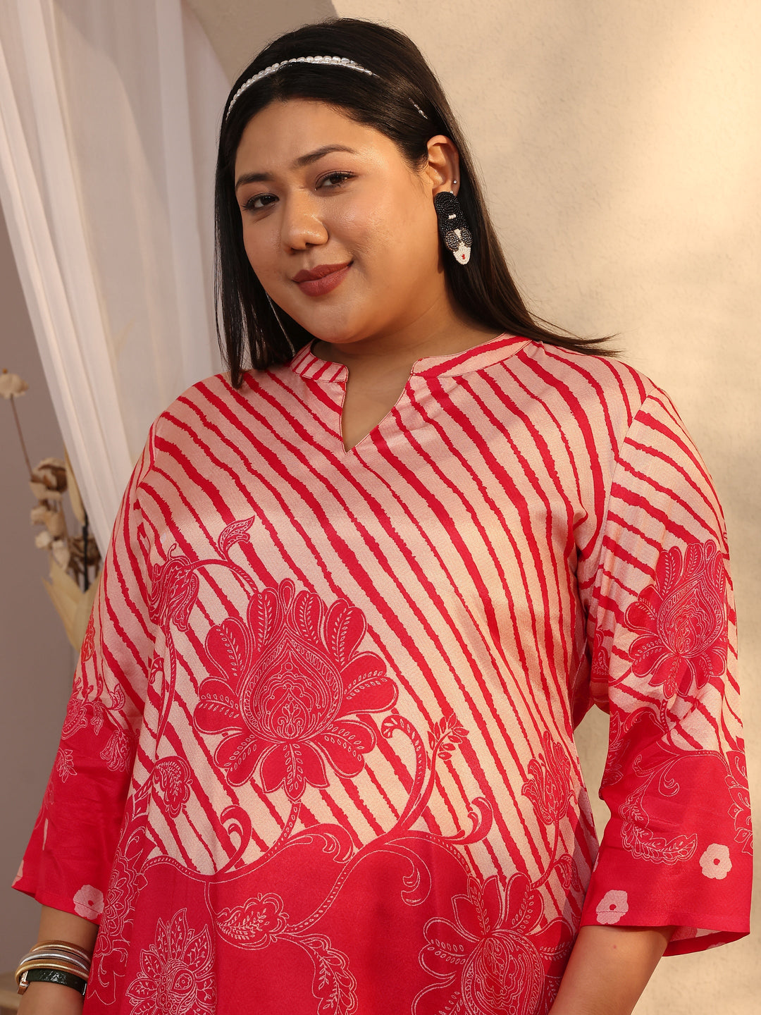 Plus Size Coral Printed Muslin Straight Short Kurti