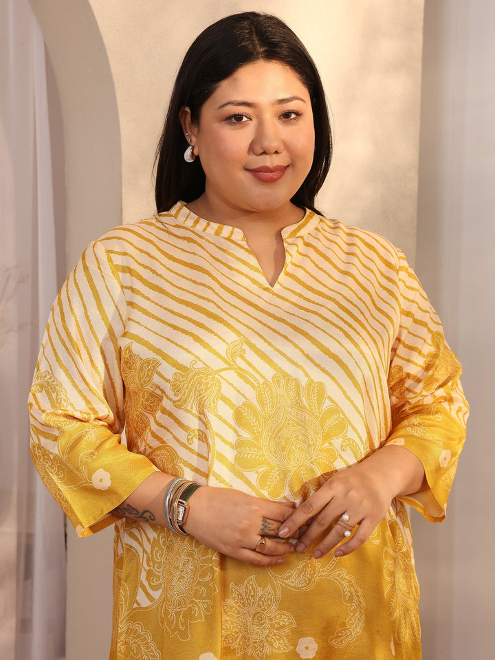 Plus Size Mustard Printed Muslin Straight Short Kurti