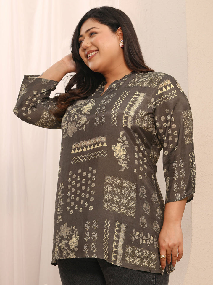Plus Size Grey Floral Printed Muslin Straight Short Kurti