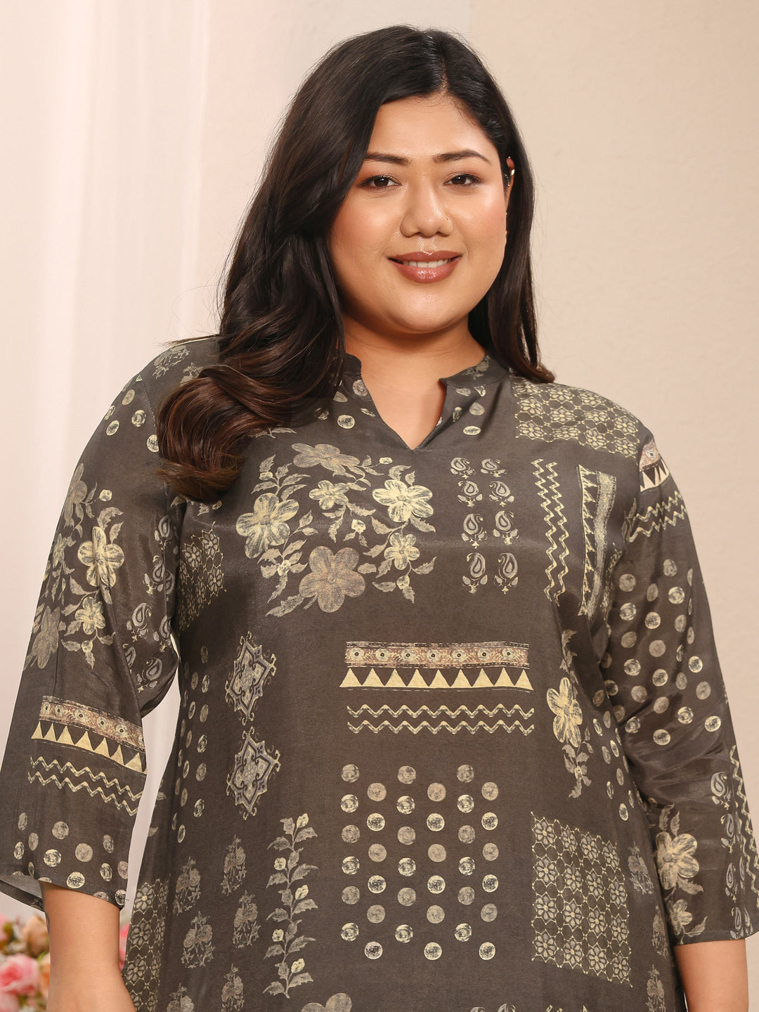 Plus Size Grey Floral Printed Muslin Straight Short Kurti